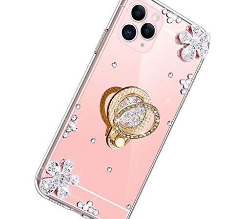 Herbests Compatible avec iPhone 11 Pro Coque,Fille Bling Flash Silicone Coque Ultra Mince Miroir Case Anti Rayures Ultra Fin Ultra Léger Etui élégant Ultra Mince Absorption de Choc,Or Rose