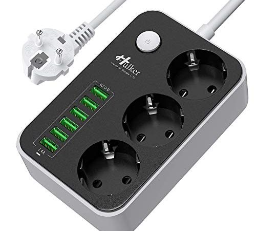 HULKER Multiprise Parasurtenseur USB, Multiprise 3 prises outlet + 6 ports USB, parafoudre,avec protection contre la surtension, cordon 1.5 mètres bloc multiprise multiprise avec interrupteur