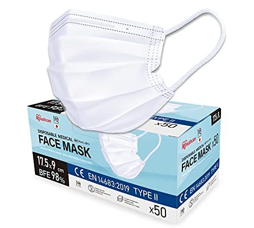 Iris Ohyama, Pack de 50 masques chirurgicaux 3 plis BFE 98%, Easy Fit V-Design type II, Usage unique, Élastique anti-irritation, Taille L - Protective Mask PN - Blanc