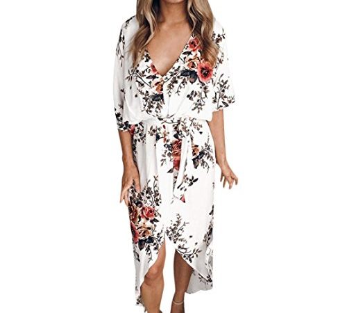 JIANGfu Robes Femme Elegante Femmes d'été Manches d'été Slim de Plage Floral Feuille imprimé Longue Robe (L, Blanc)