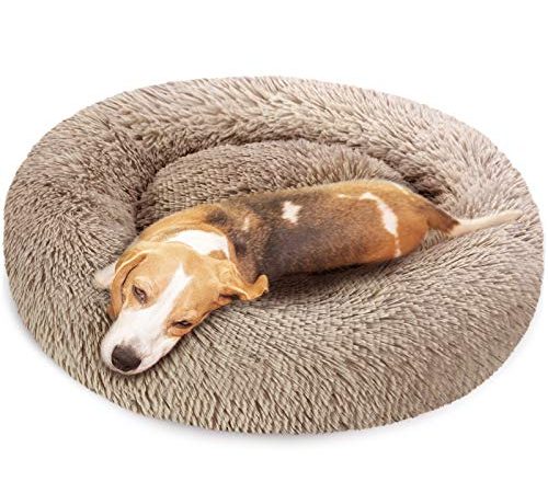 KROSER Panier Chiens Rond Confortable de 82 cm, Coussin Animaux Donut Anti Stress de Compagnie Lavable et Chaud Super Doux pour Chiens de Taille Moyenne - Brun Clair