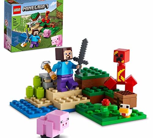 LEGO 21177 Minecraft L’embuscade du Creeper, Set avec Minifigures Steve, Bébé Cochon et Poulet, Jouet Enfant 7 Ans