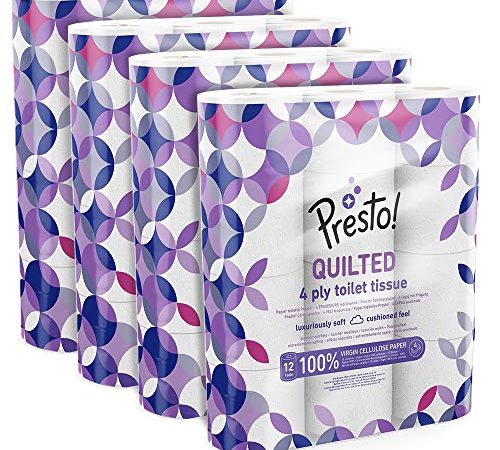 Marque Amazon - Presto! Papier toilette 4 épaisseurs - MATELASSÉ - Lot de 48 (4x12x160 feuilles) - Motif: Gemme