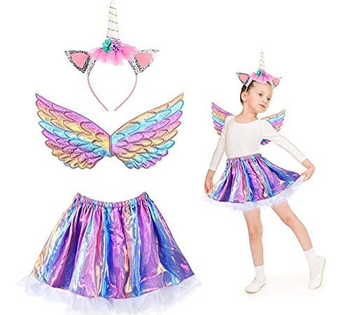 MEZOOM 3Pcs Kit de Déguisements Licorne Fille Robe Tutu Licorne Princesse Fille et Bandeau de Licorne Enfant Serre Tête avec Perruque Licorne et Aile Licorne Fille pour Cosplay Anniversaire