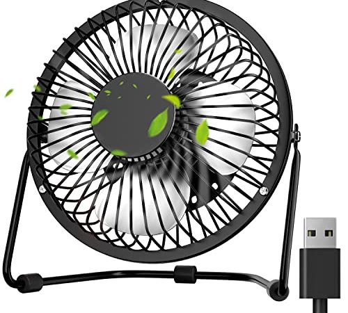 PEMOTech USB Ventilateur Silencieux, 5.71Pouces/14.5cm Mini Ventilateur USB Portable Puissant, Ventilateur USB 360° Rotatif Ventilateur Bureau en Métal pour Bureau, Maison,Alimenté par USB(Noir)