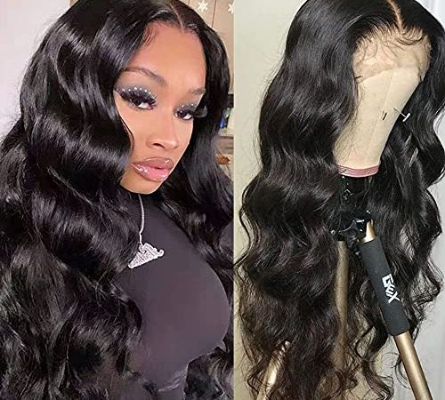 Perruque Femme Naturelle Brésilien Body Wave Lace Front Wigs Human Hair Noir Cheveux, 13X4 Lace Frontal Wig 150% Densité Avec Des Cheveux De Bébé (16 inch 40cm)