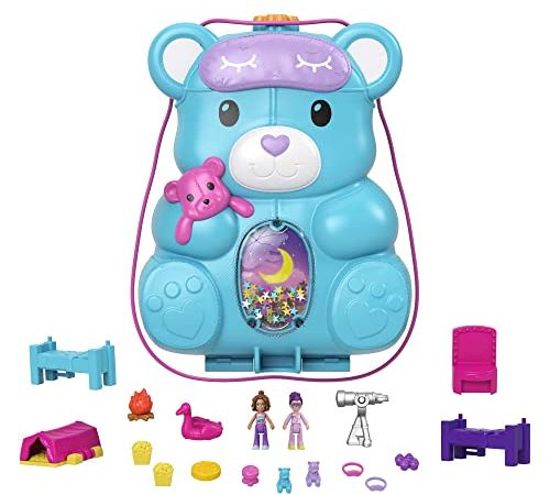 Polly Pocket Coffret Sac à Main Ourson Surprises, thème soirée pyjama avec 2 mini-figurines et 16 accessoires, jouet pour enfant, HGC39