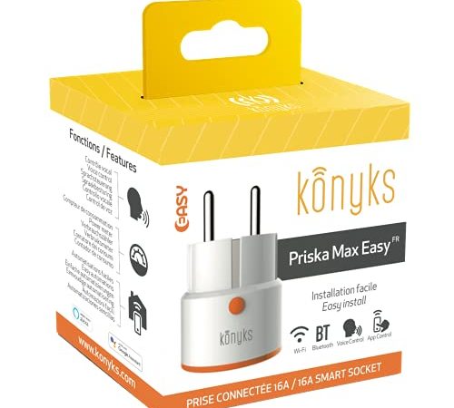 Prise connectée Konyks Priska Max Easy FR - WiFi + Bluetooth, 16A, 3680W, compteur de consommation, compatible Alexa et Google Home, automatisations faciles