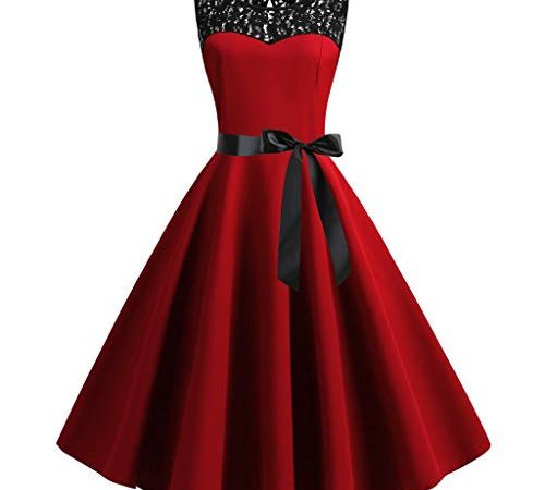 Robe Vintage rétro 1950s Audrey Hepburn de Soirée Cocktail années 50s Rockabilly avec Dentelle Femme Robe de Cocktail Courte Top Dentelle Robe Femme Hiver Chic Pas Cher Jupe Mousseline Swing pour Bal