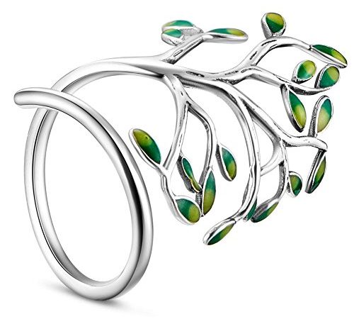 SHEGRACE Bague Arbre de Vie Femme Extraordinaire Moderne en Pur Argent 925 Sterling, Ornement Mignion Arbre Brandille Anneau Reglable et Des Feuilles Vert, 58(Réglable)