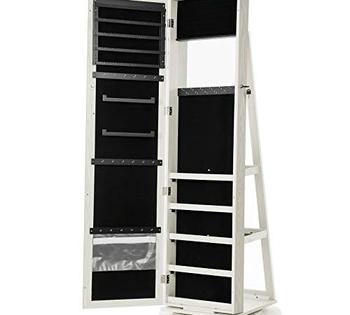 SONGMICS Armoire à Bijoux pivotante sur Pieds, Meuble de Rangement 3-en-1 pour cosmétiques, Placard beauté, avec miroirs, étagères, Serrure, Style Nordique scandinave, Cadeau Noel, Blanc Boisé JBC62W