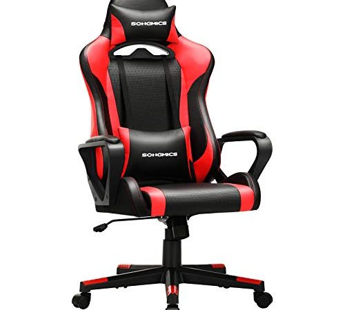 SONGMICS Fauteuil gamer, Chaise de bureau, Siège ergonomique, avec support lombaire réglable, appui-tête amovible, hauteur réglable, dossier inclinable, charge 150 kg, Noir et Rouge RCG011B01