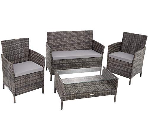 TecTake Salon de Jardin en Résine Tressée avec 1 Table Basse, 1 Canapé, 2 Chaises INCL. Coussin d’Assise Amovible - Diverses Couleurs (Gris)