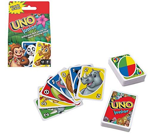 UNO Junior jeu de société et de 56 cartes avec dessins d'animaux, pour enfants dès 3 ans, GKF04