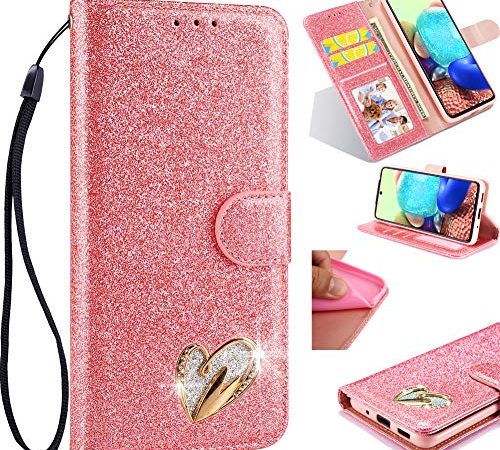 WANYINGLIN Étui avec dragonne pour iPhone 11 Pro Max - Cuir pailleté et TPU - Porte-cartes - Portefeuille avec cœurs incrustés - Coque portefeuille pour iPhone 11 Pro Max