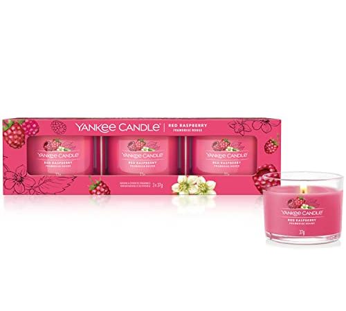 Yankee Candle coffret cadeau de bougies parfumées | Bougies votives remplies « Framboise rouge » | Mélange de cires de soja | Lot de 3