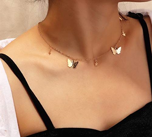 zwyjd ZWSHAN Papillon Choker Collier Simple Chaîne Étoile Pendentif Collier Chocker Femmes Simple Élégant Vintage Sauvage Bohème Bijoux Bijoux pour Femmes,Or