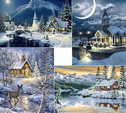 ARTDOT 4 Pièces Diamond Painting, 5D Peinture Diamant Paysages d'hiver Broderie Diamant Kit Complet pour Adulte Décor à La Maison 30 x 40cm