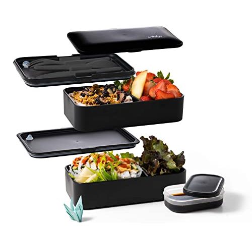 Atthys - Lunch Box Noir Mat | Bento Japonais Design 3 Couverts Offerts | Bento Box 2 Compartiments Hermétiques 1200 ML | Micro-Ondes Lave-Vaisselle | Boîte Déjeuner Bois Adulte ou Enfant