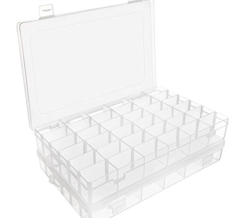 BELLE VOUS Boite Compartiment Plastique Transparent (Lot de 2) - 27,3 x 17,6 x 4,3 cm - Boite Plastique Rangement avec 36 Compartiments Ajustables - Boite Rangement Bijoux, Perles & Artisanat