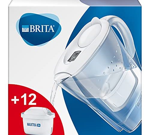 BRITA Carafe filtrante Marella blanche + 12 filtres MAXTRA+, réduit le calcaire, le plomb et autres impuretés pour une eau du robinet plus pure, sans BPA. Garantie 30 jours satisfait ou remboursé.