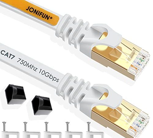 Câble Ethernet 5M Cat7 Câble réseau Plat Haut Débit Blindé RJ45 10Gbps 750MHz SFTP 8P8C Câbles de Connexion Patch pour Routeur/PC/Consoles de Jeux Vidéo/ADSL - 5 Mètres Blanc - avec des Cordon Clips