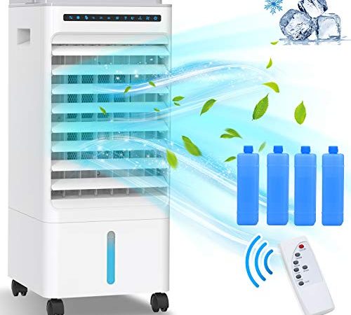 Climatiseur Mobile, 65W Refroidisseur d'Air Purificateur et Humidificateur des Ions Négatifs Ventilateur avec Minuterie 7H | Roues | Réservoir d'Eau 5L | 4 Cristaux de Glace | Télécommande