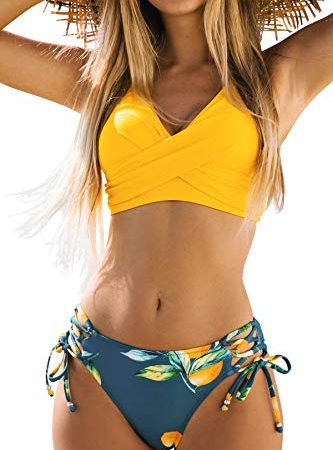 CUPSHE Femme Bikini Froncé et Torsadé Ensemble Bikini à laçage Imprimé Floral Maillots de Bain 2 Pièces Jaune Citron M