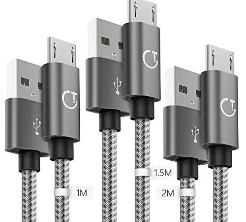 Gritin Câble Micro USB [1m+1.5m+2m / Lot de 3], Cable Micro USB Charge Rapide en Nylon Tressé Câble Cordon Micro USB pour Appareils Android, Galaxy, Huawei, LG, Sony, Xiaomi, Nexus - Gris Sidéral