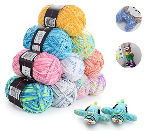 HellDoler Laine Multicolore pour Tricot,10 Pièces 50g Fil de Crochet Multicolore Acrylique Coton Laine Fil à Tricoter à la Main Fil à Tricoter Ensemble,200 m par Rouleau