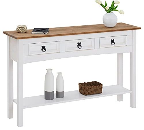 IDIMEX Table Console Campo Table d'appoint rectangulaire en pin Massif Blanc et Brun avec 3 tiroirs et 1 étagère, Meuble d'entrée Style Mexicain en Bois dim 122 x 73 x 32 cm