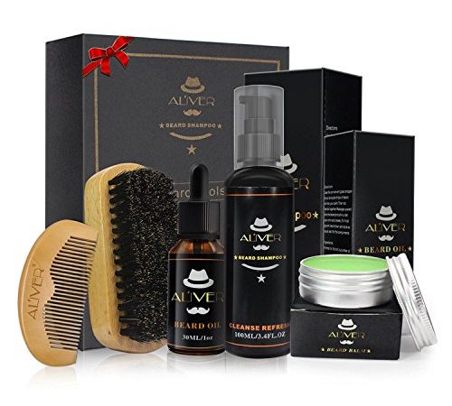 Kit de Soins de Barbe, huile à barbe kit 5 pcs,Huile à barbe naturel, d'une Pommade à barbe, Lavage de la barbe, Un peigne à barbe, Une brosse à barbe en Soie de Porc, Cadeau Idéal pour homme