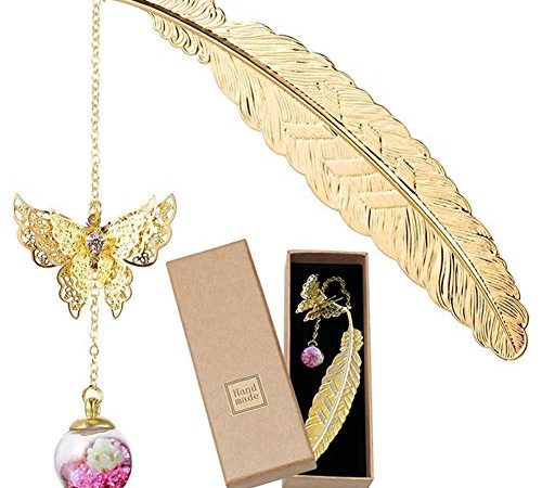 Marque-page, signets de plumes en métal doré avec papillon 3D et pendentif de perles de fleurs sèches éternelles pour femmes hommes, marqueurs de page cadeaux pour enfants filles adultes lecteurs