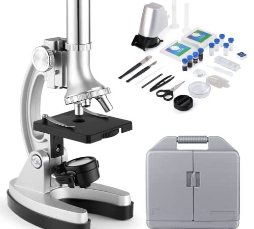 Microscope 300X-600X-1200X, Microscope Binoculaire pour Étudiant, Débutants, Enfant, Bras en Métal, Boîte de Rangement Portable (70 Pièces + Accessoires)