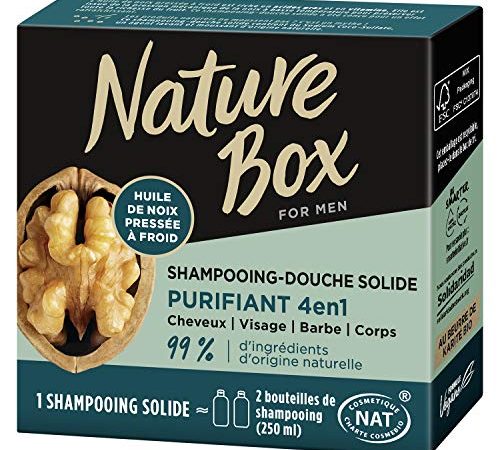 Nature Box - Shampoing Solide 4 en 1 Purifiant - A l'Huile de Noix Pressée à Froid - Cheveux/ Cuir Chevelu / Barbe / Corps - 99% d'Ingrédients d'Origine Naturelle - Savon de 85g
