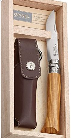 OPINEL - N°08 Luxe Olivier et Étui Alpine Brun - Couteau Pliant de Poche Bois d’Olivier - Acier Inoxydable - Coffret Bois Couteau - Lame Inox 8,5 cm