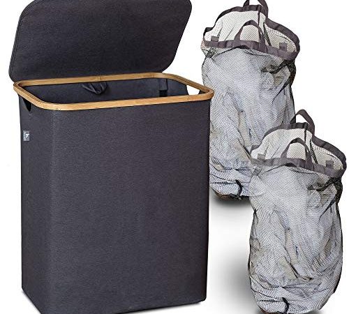 Panier a linge 2 compartiments gris clair 140L - panier à linge sale à couvercle - Paniere Panier Bac a linge sale bambou pliable avec poignes – Grand Paniers Panière à linge XXL pour tri du linge