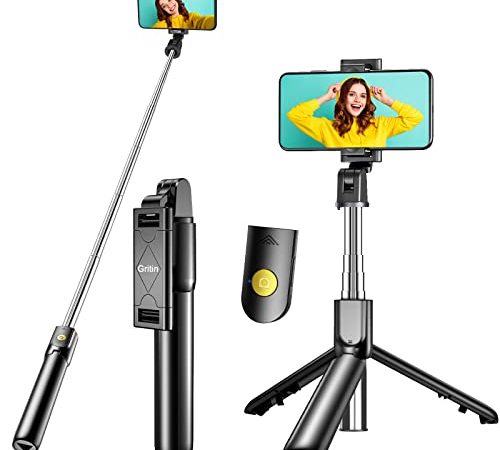 Perche Selfie Bluetooth, Gritin 3 en 1 Selfie Stick Trépied Bâton Selfie Bluetooth Extensible Télescopique Monopode Réglable avec Télécommande Amovible & Support Stable pour iPhone, Galaxy, Huawei