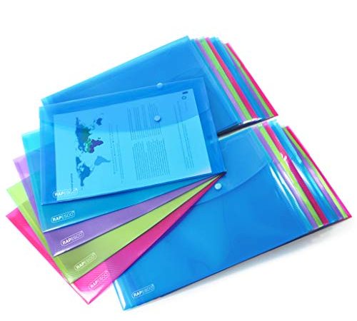 Rapesco 1495 Pochette Porte-Documents avec Bouton-Pression, Format Papier Ministre / A4+, Couleurs Vives Transparentes Assorties, Lot de 50