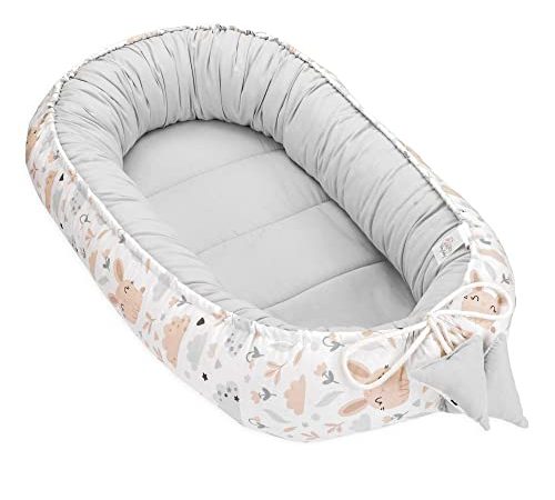 reducteur de lit Bebe 90x50 cm - cale Bebe pour lit Bebe Cocoon avec Certificat Oeko-tex Chouettes et Lapins avec Gris Clair