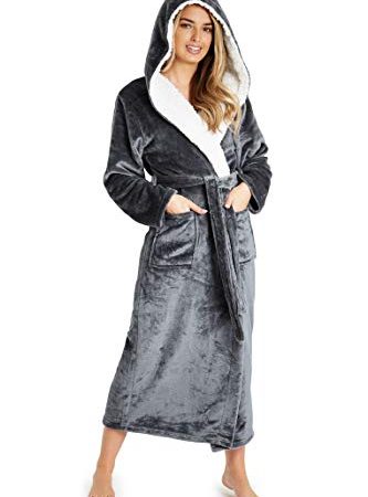 Robe de chambre de luxe Doux Peignoir en peluche Housecoat Waterfall Lounge Style peignoir (L, Gris Anthracite)