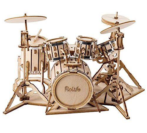 Rolife Puzzle 3D Maquette en Bois a Construire Instruments de Musique pour Adulte Enfants, Batterie Kits de Modèles de Bricolage Construction Jouet (Drum kit)