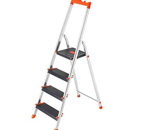 SONGMICS Échelle 4 Marches, en Aluminium, Escabeau, Largeur de la Marche 12 cm, Pliable, Plateau à Outil, Pieds Antidérapants, Capacité de charge 150 kg, TÜV Rheinland Test, GS EN131, Noir GLT04BK