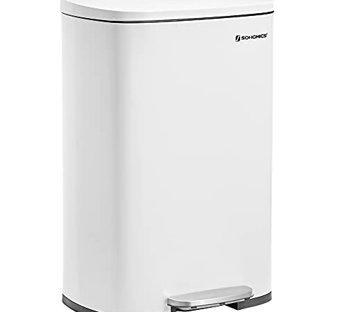 SONGMICS Poubelle de Cuisine 50L à Pédale, avec Seau Intérieur en Plastique, Couvercle, Fermeture Douce, Anti-odeur, Blanc LTB101W01