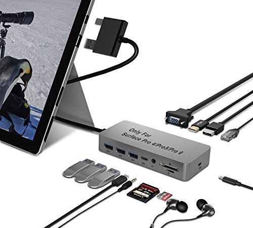 Surface Pro Dock pour Hub USB Surface Pro 4 / Pro 5 / Pro 6 avec Port Gigabit Ethernet, Port d'affichage HDMI VGA 4K, 3 Ports USB 3.0, Port de Sortie Audio, Port USB C, Lecteur de Carte SD/TF