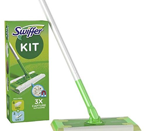 Swiffer Kit Complet Balai, 8 Lingettes Sèches + 3 Lingettes Humides, Idéal pour les Sols en Bois, en Céramique et en Vinyle