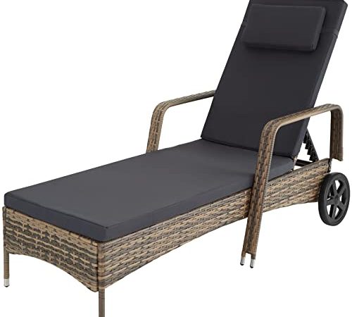 TecTake Chaise Longue Bain de Soleil en résine tressée et Cadre en Aluminium Dossier réglable 6 Positions – diverses Couleurs (Marron Naturel)