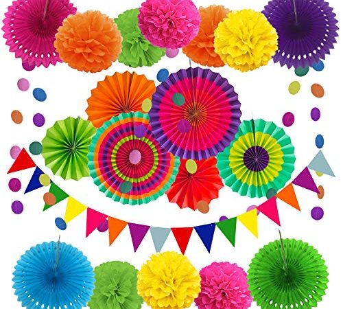 Zerodeco Décoration de fête Fournitures, 21 Pièces Multicolore Papier Pompoms Fleurs, Eventail Boule, Banderole en Triangle, Ventilateur de Guirlandes fête d'anniversaire, Fiesta Mexicain Carnaval