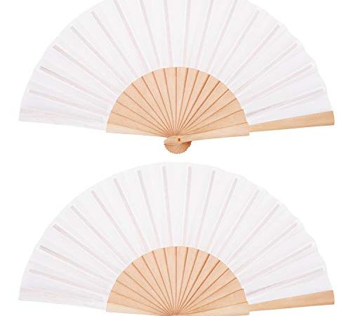 2 Pièces Éventail en Bois Éventails Pliables à Main en Tissu Ventilateurs de Poche Éventail d’Artisanat Cadeau d’Éventail avec Cordon de Serrage Sacs en Organza pour Hommes Femmes Filles (Blanc)