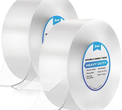 6M Double Face Extra Fort, 2 Pièces Double Face Transparent, Ruban Adhésif Double Face Puissant Nano Tape Sans Percer Réutilisable Multifonctionnel Lavable Pour Les Tapis et Les Voitures (3M x 2CM)